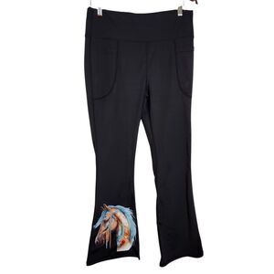 NWT Womens Black Polyester Blend Stretch Flare Leg Yoga Pants Painted Horse XXL